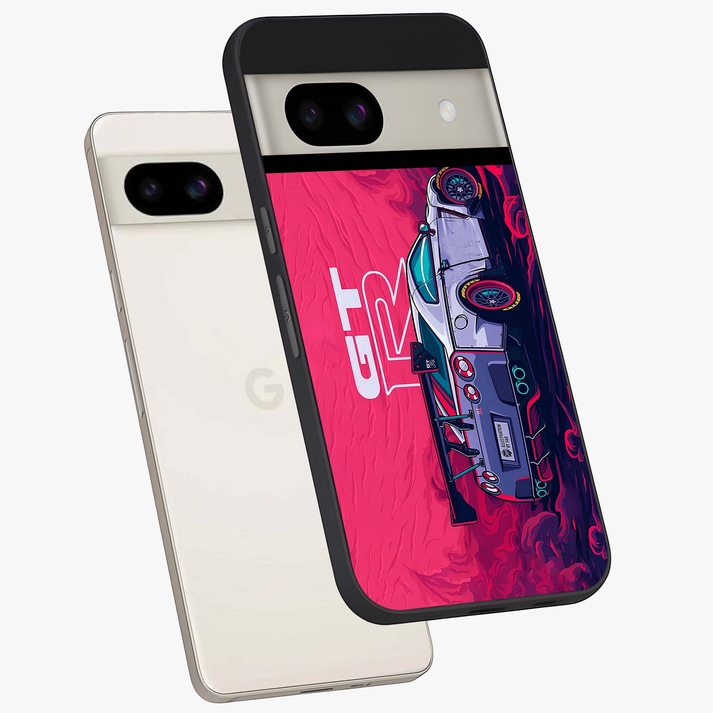 GT-R Car Pattern Glass Case displayed in angled mockup highlighting racing car graphic design with bold automotive aesthetic.