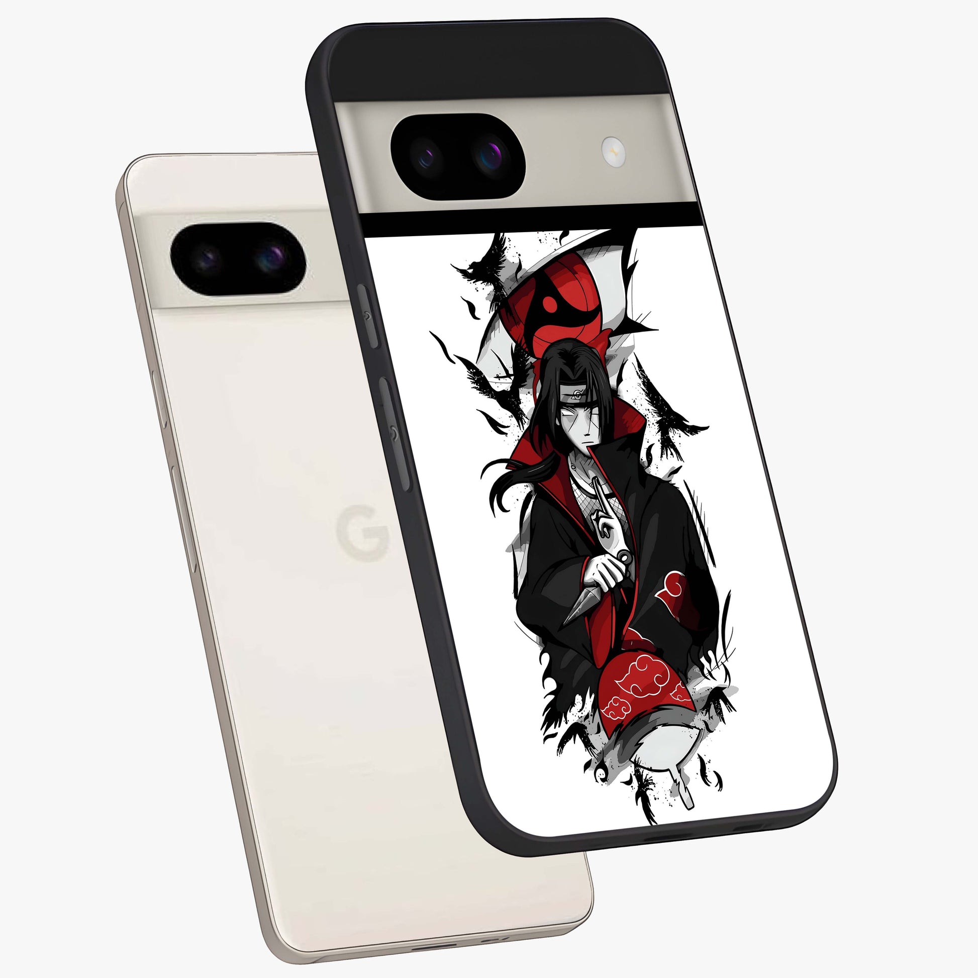 Itachi Limited Edition Naruto Anime Glass Case displayed in angled mockup highlighting dramatic anime illustration with bold action aesthetic.