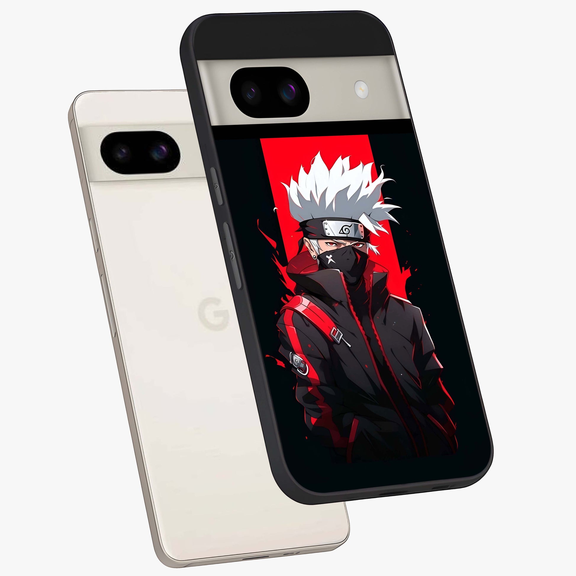 Kakashi Scarlet Shadow Glass Case displayed in angled mockup highlighting dramatic ninja illustration with scarlet themed aesthetic.