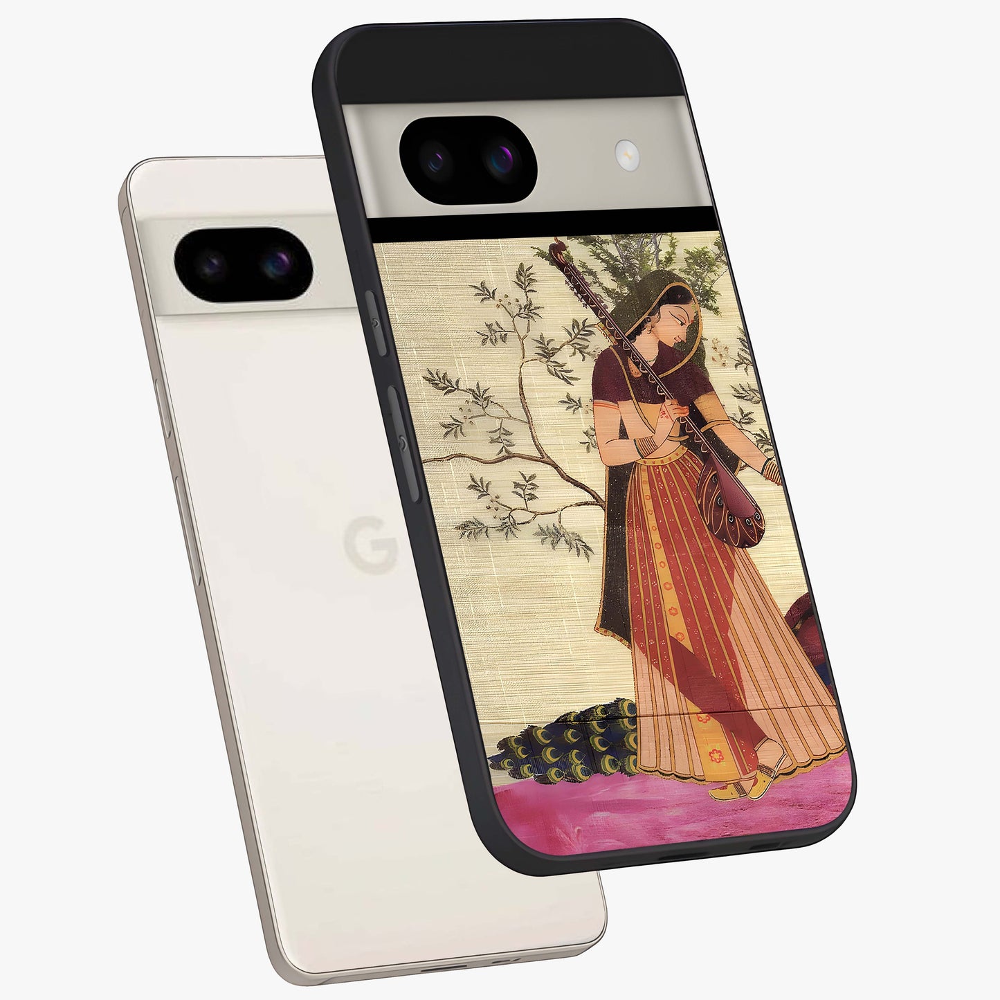 Lady With Veena Art Glass Case displayed in angled mockup highlighting graceful musical illustration with cultural artistic aesthetic.