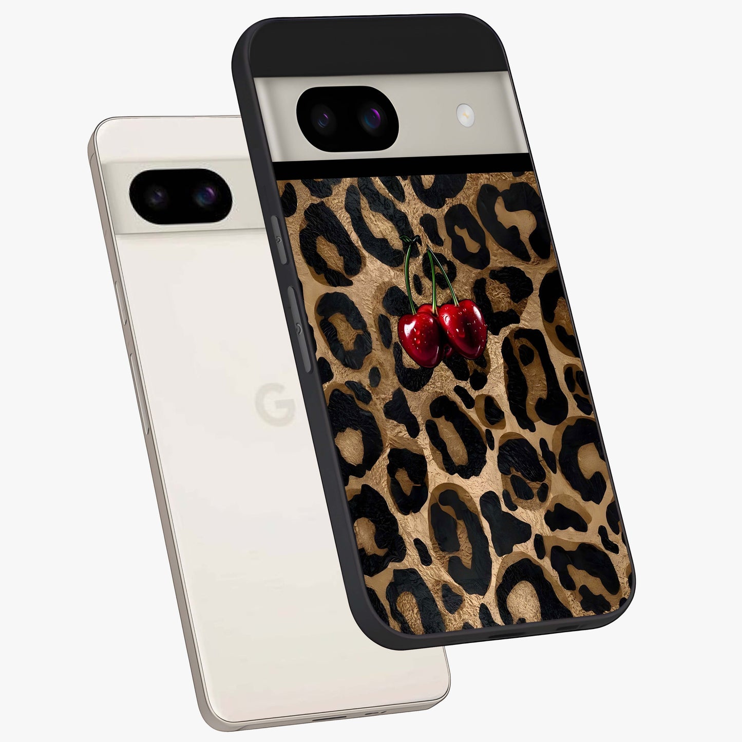 Leopard Wild Cherry Glass Case displayed in angled mockup highlighting bold animal print design with playful cherry aesthetic.