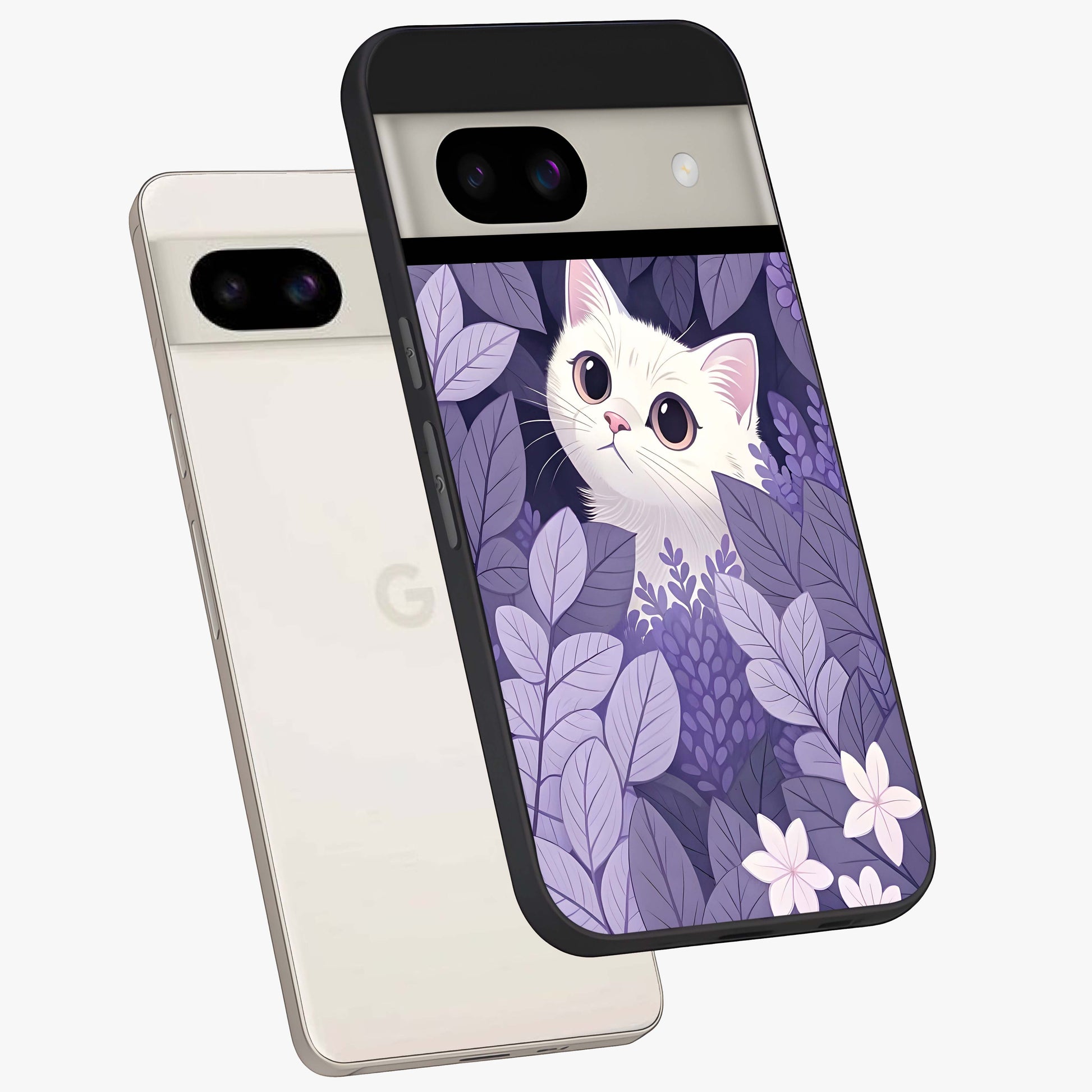 Lilac Hide Peek Cat Glass Case displayed in angled mockup highlighting playful feline illustration with lilac aesthetic design.