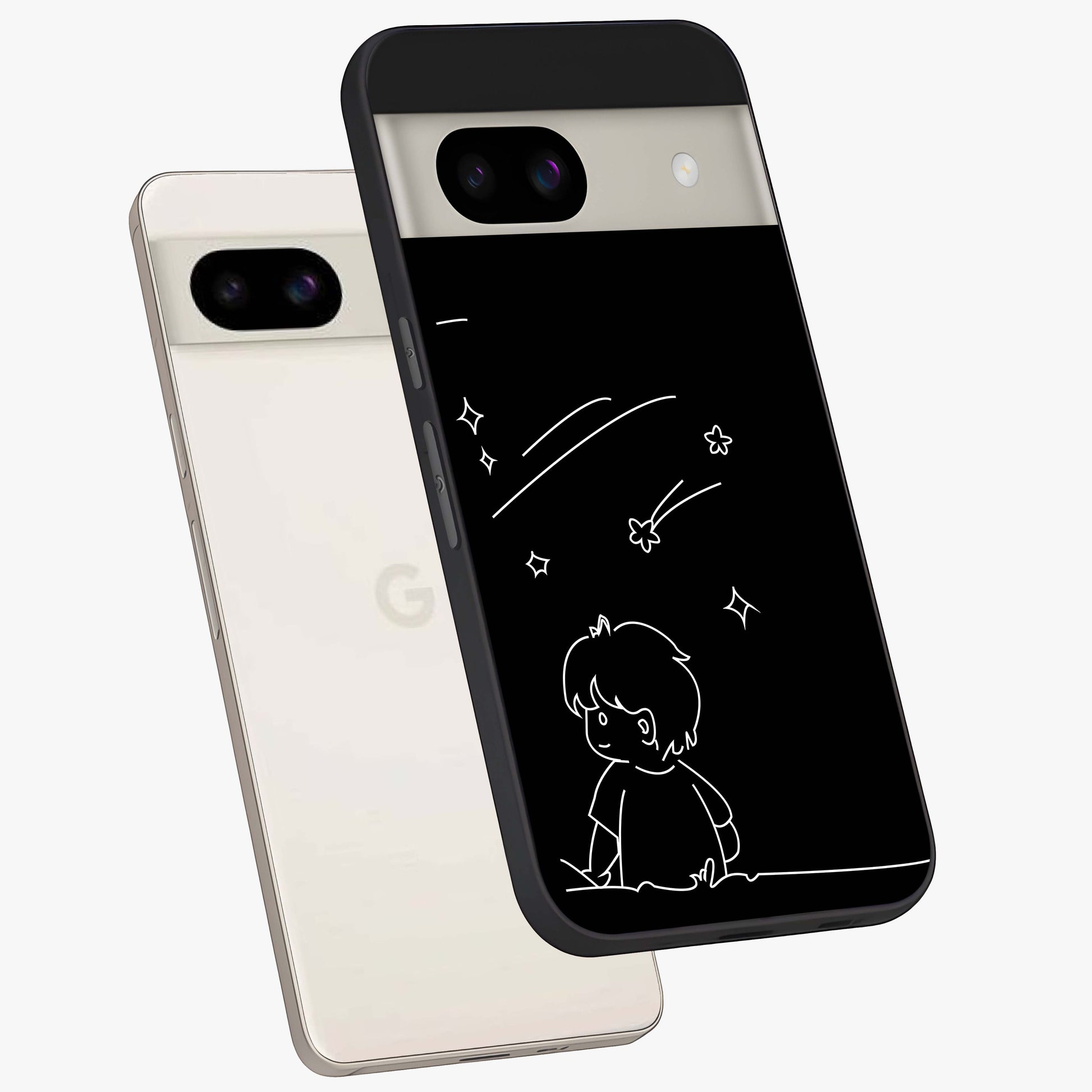 Line Art Boy With Shooting Stars Glass Case displayed in angled mockup highlighting elegant line art design with dreamy star aesthetic.