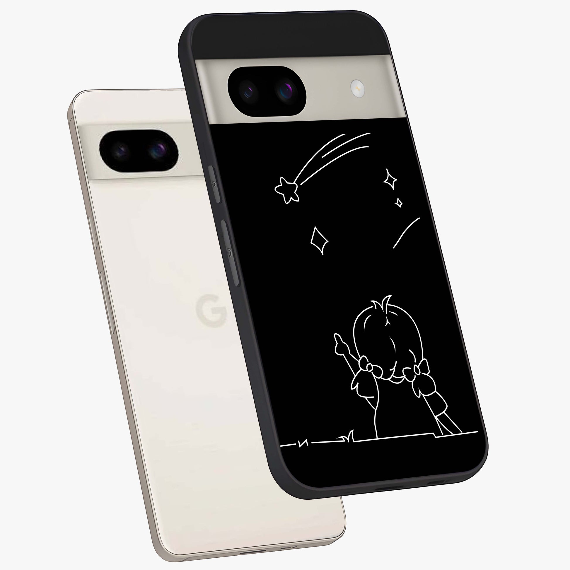 Line Art Girl With Shooting Stars Glass Case displayed in angled mockup highlighting elegant line art design with dreamy star aesthetic.