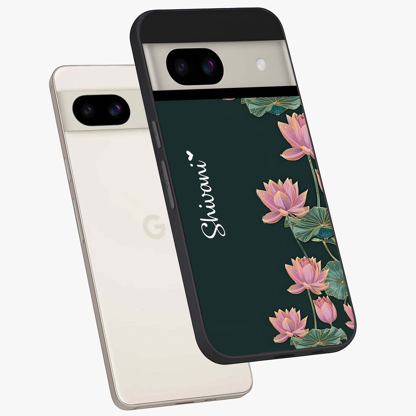 Lotus Bloom Serenity Custom Name Glass Case displayed in angled mockup highlighting graceful lotus illustration with custom name feature.