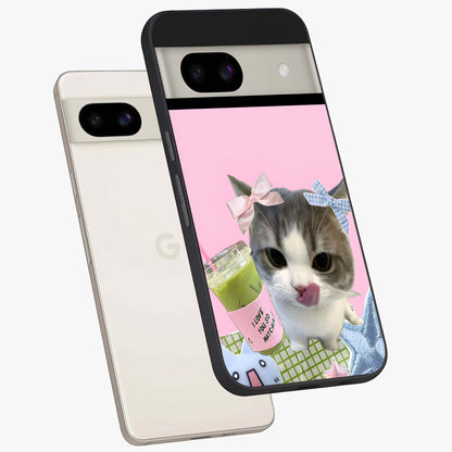 Love Matcha Cat Glass Case displayed in angled mockup highlighting playful feline illustration with cozy matcha aesthetic.