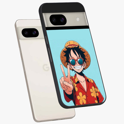 Luffy Summer Anime Vibe Glass Case displayed in angled mockup highlighting energetic anime illustration with summer vibe aesthetic.