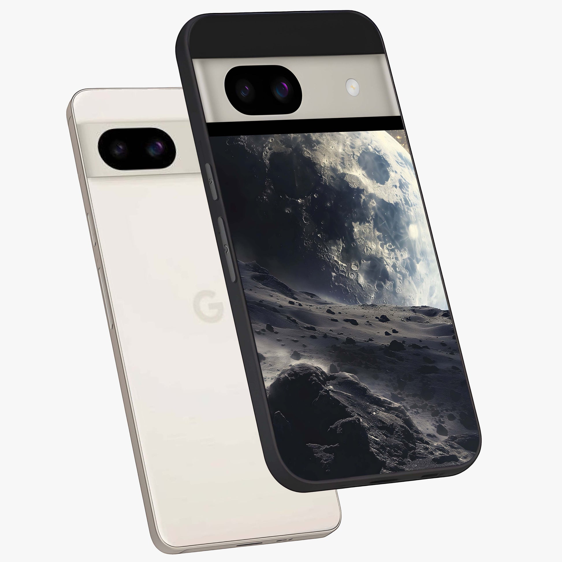 Lunar Horizon Glow Glass Case displayed in angled mockup highlighting celestial moon design with dreamy night aesthetic.