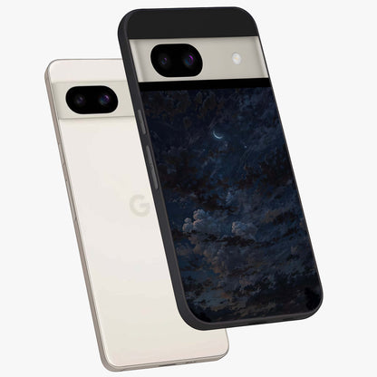 Lunar Veil Silence Glass Case displayed in angled mockup highlighting soft lunar design with peaceful celestial aesthetic.