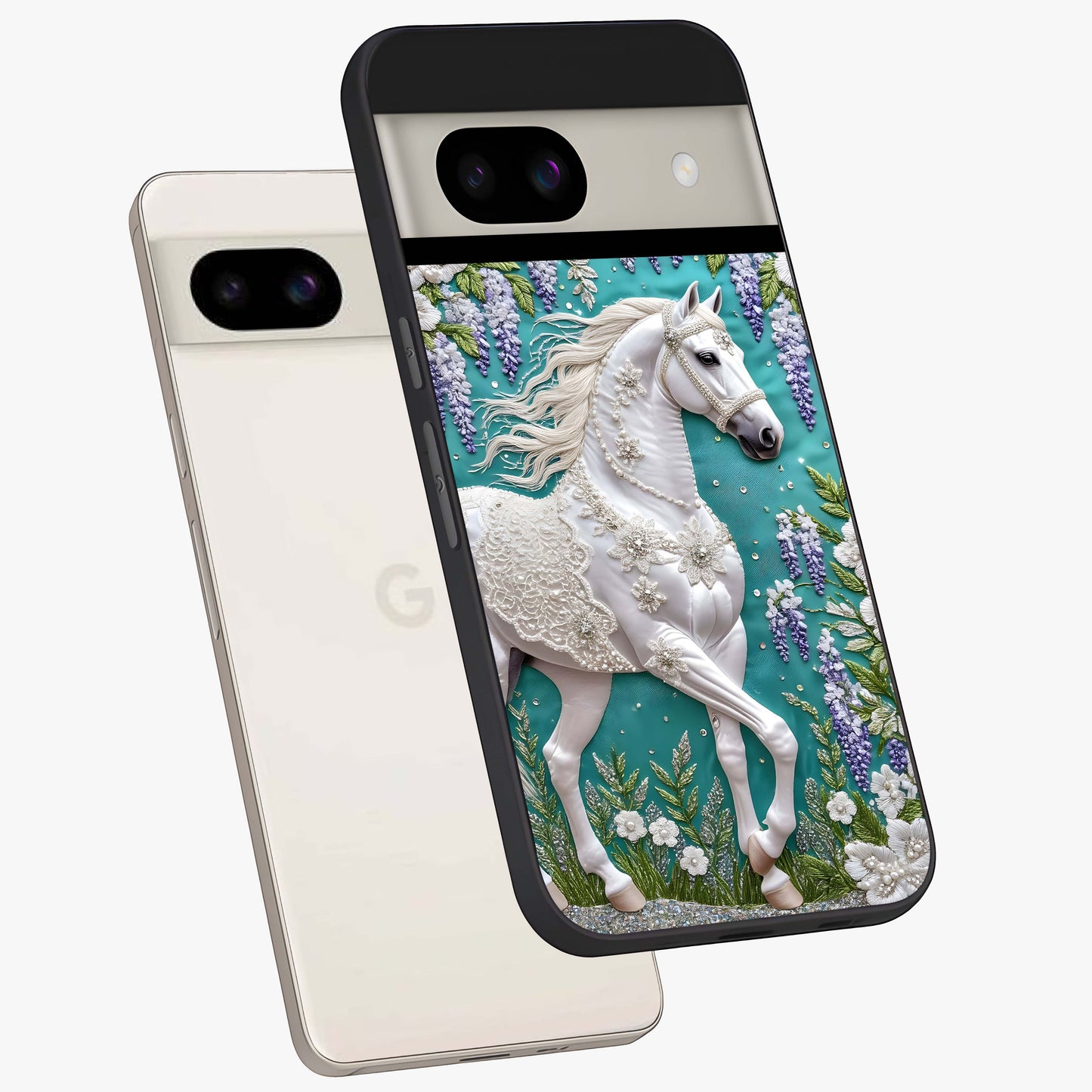 Majestic Floral Stallion Glass Case displayed in angled mockup highlighting majestic stallion illustration with elegant floral aesthetic.