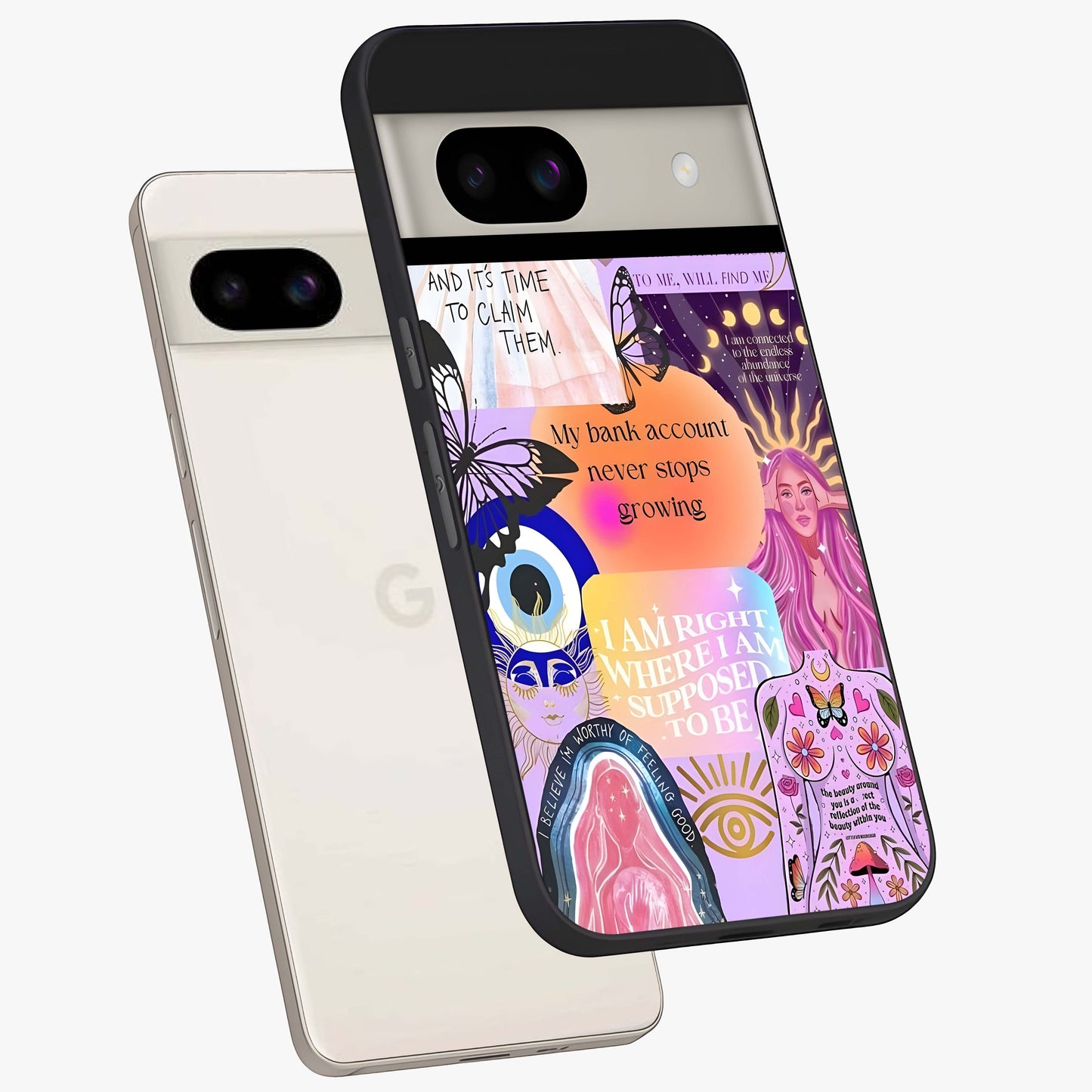 Manifestation Collage Glass Case displayed in angled mockup highlighting inspirational aesthetic collage design.