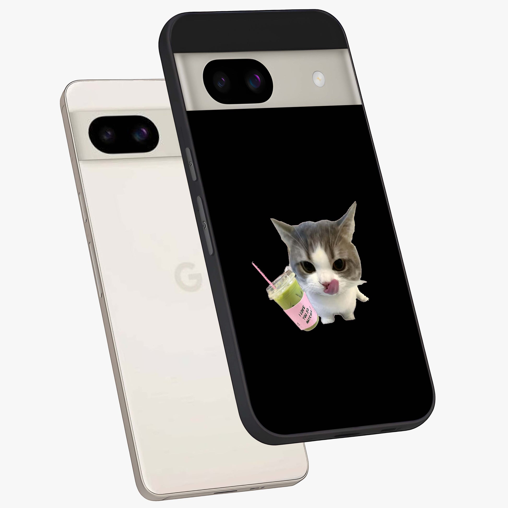 Matcha Cat Style Glass Case displayed in angled mockup highlighting playful feline design with pastel matcha aesthetic.