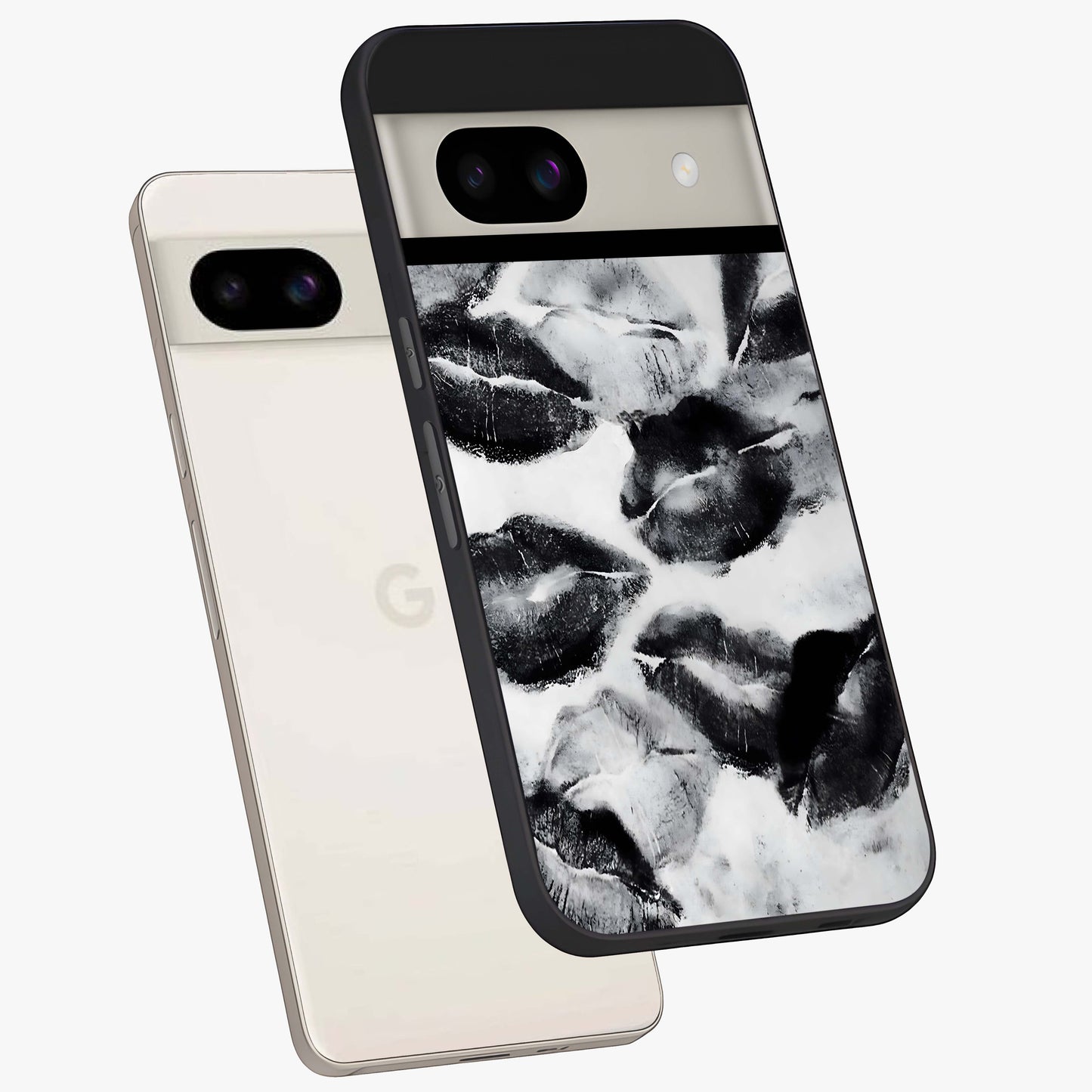 Midnight Kiss Marks Glass Case displayed in angled mockup highlighting playful romantic design with bold midnight aesthetic.