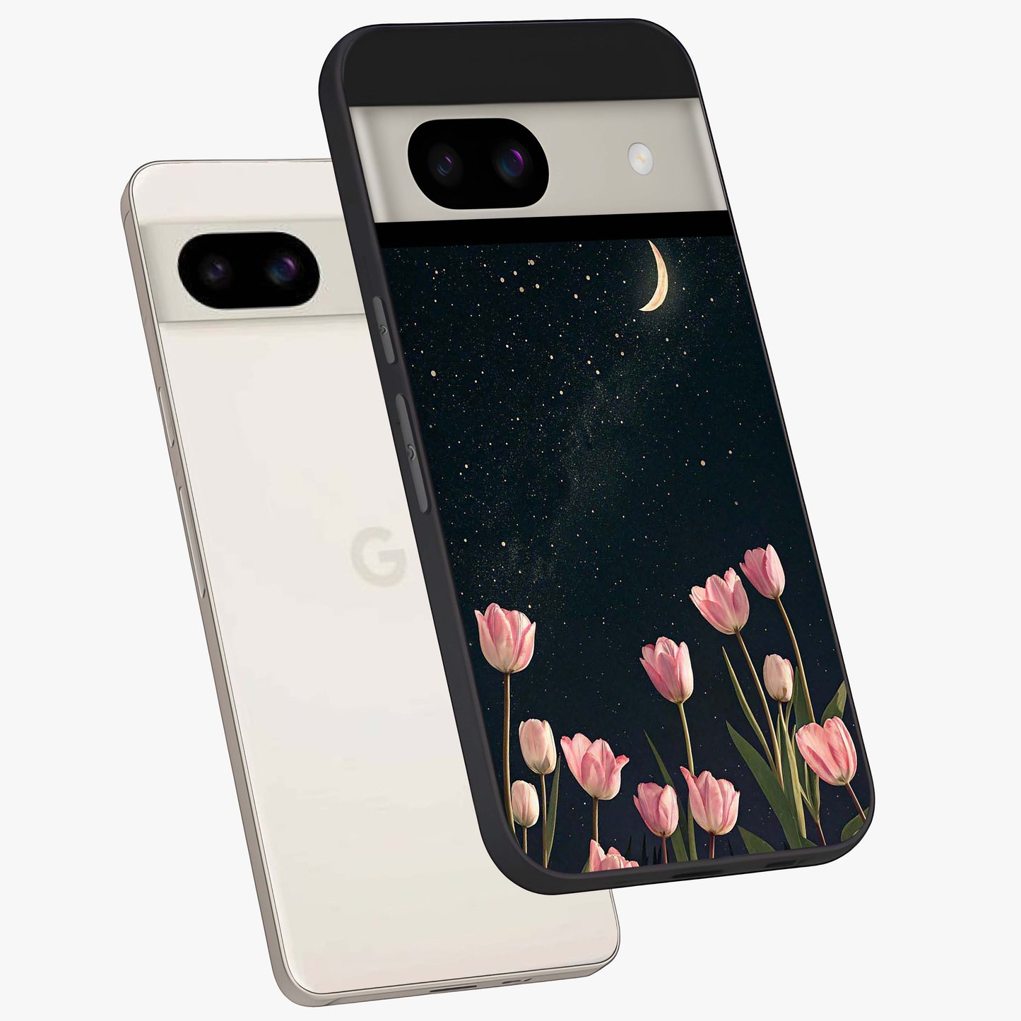 Midnight Tulip Whispers Vibe Glass Case displayed in angled mockup highlighting delicate tulip design with midnight floral aesthetic.