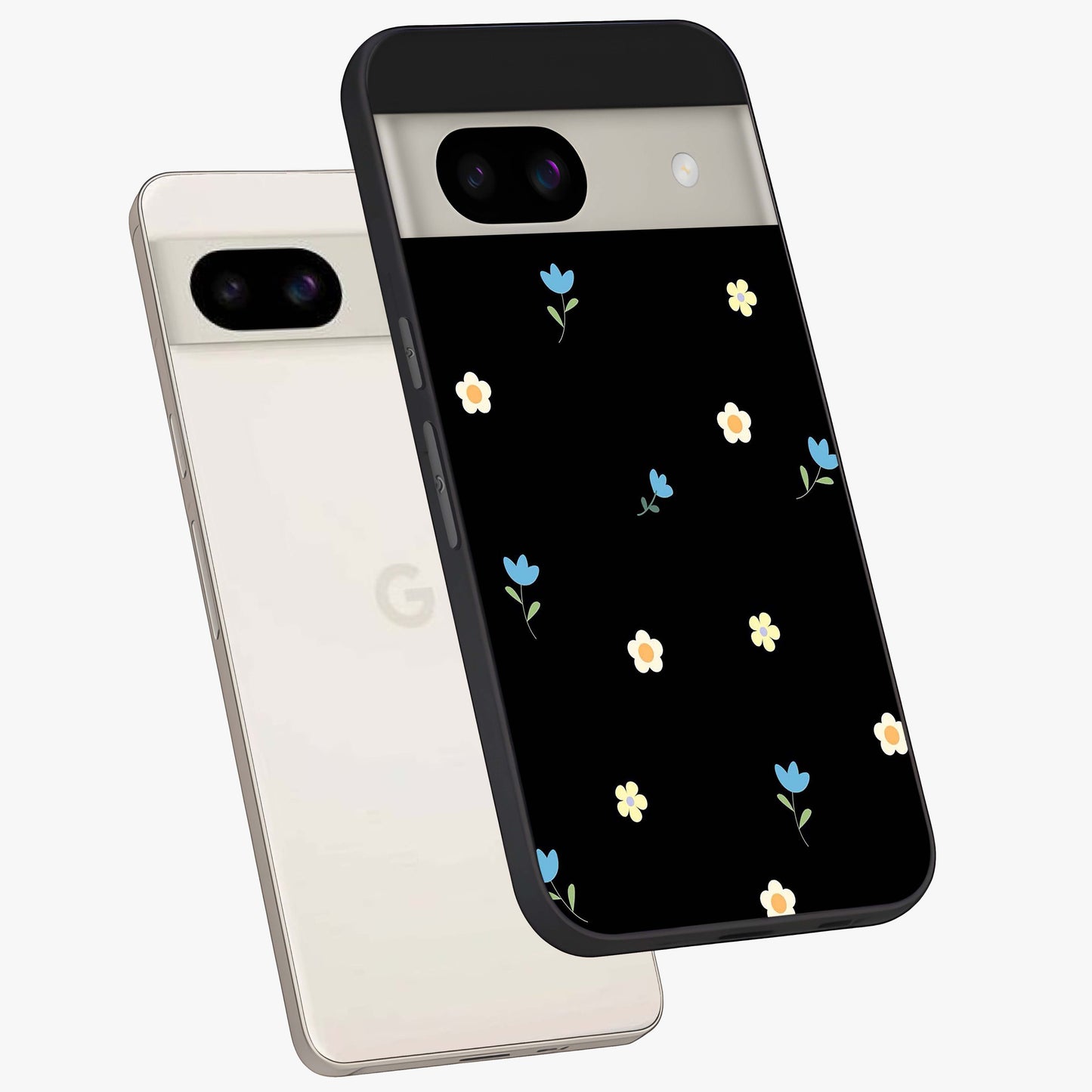 Minimal Petal Whispers Glass Case displayed in angled mockup highlighting delicate petal design with clean minimal aesthetic.