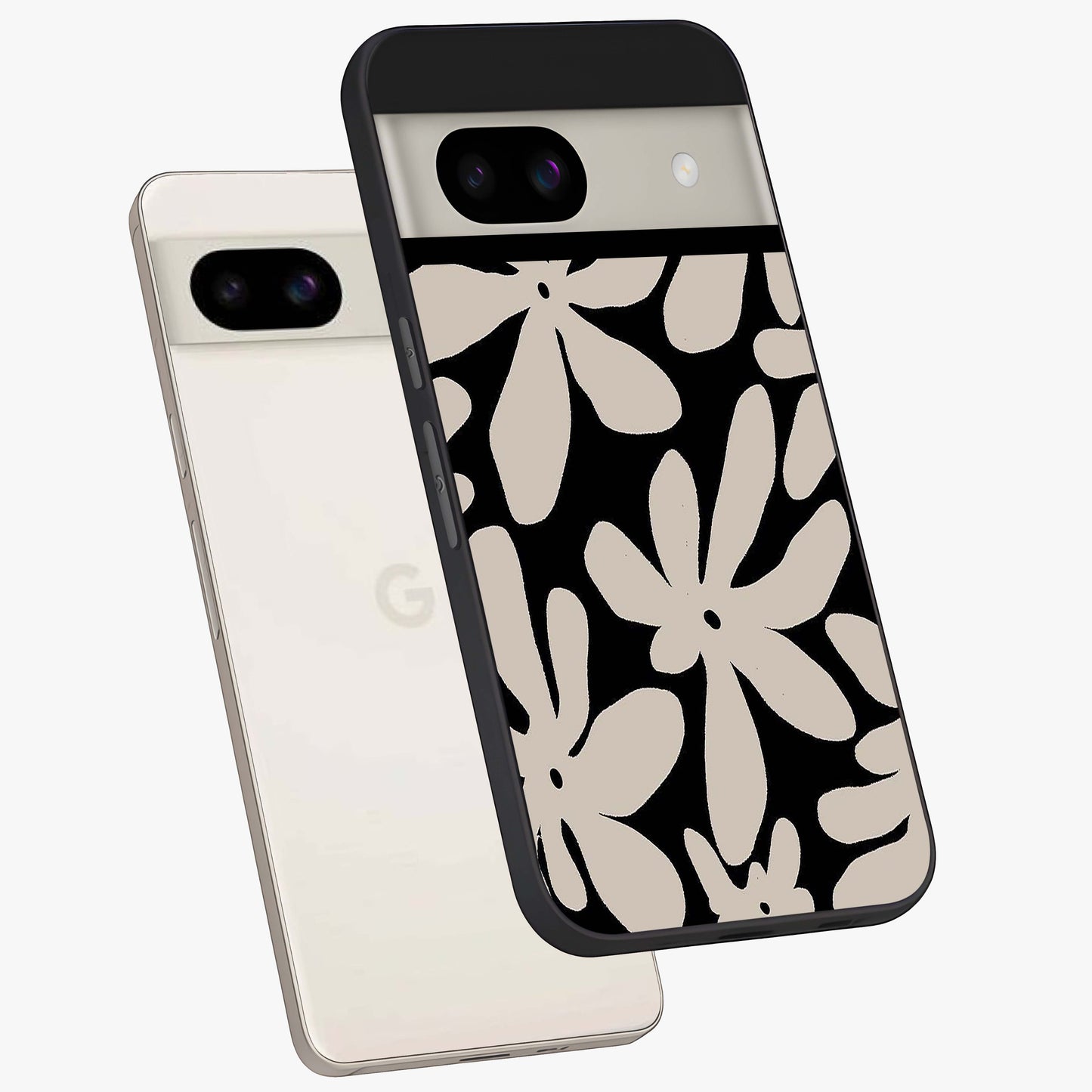 Monochrome Petal Dance Glass Case displayed in angled mockup highlighting elegant petal design with black and white aesthetic.