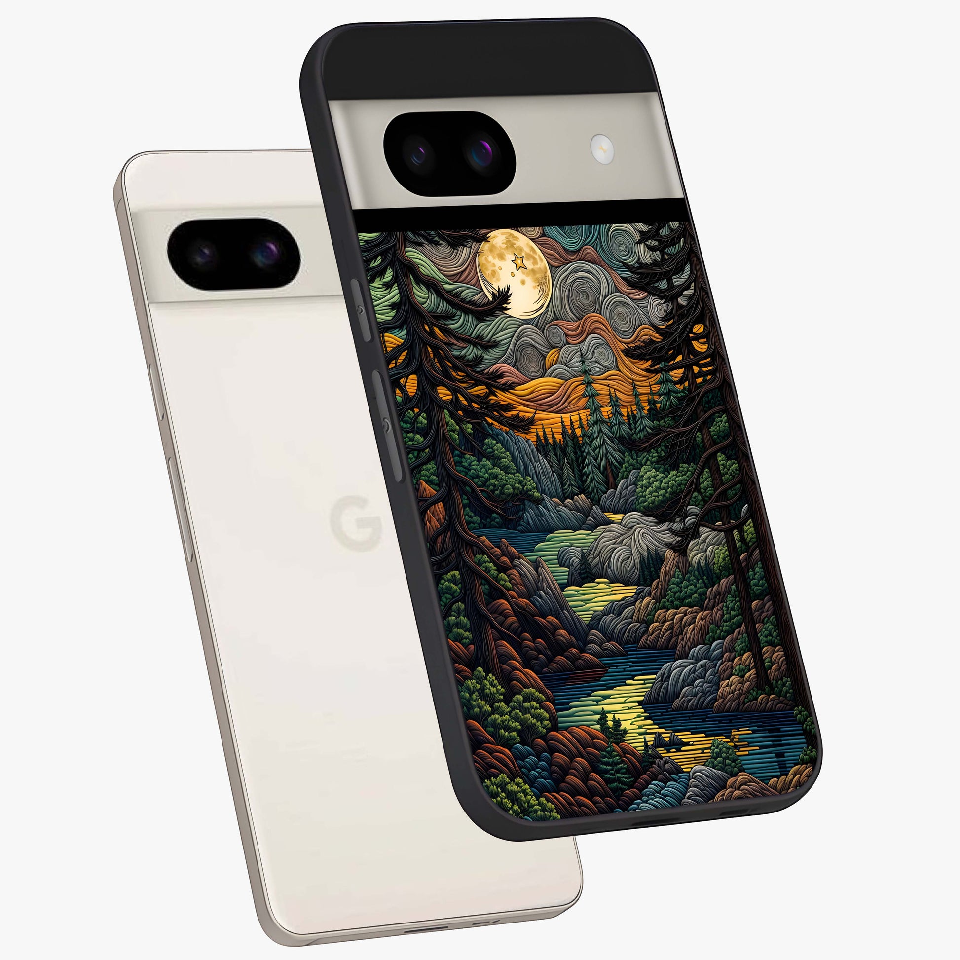 Moonlight Forest Dream Glass Case displayed in angled mockup highlighting dreamy forest design with glowing moon aesthetic.