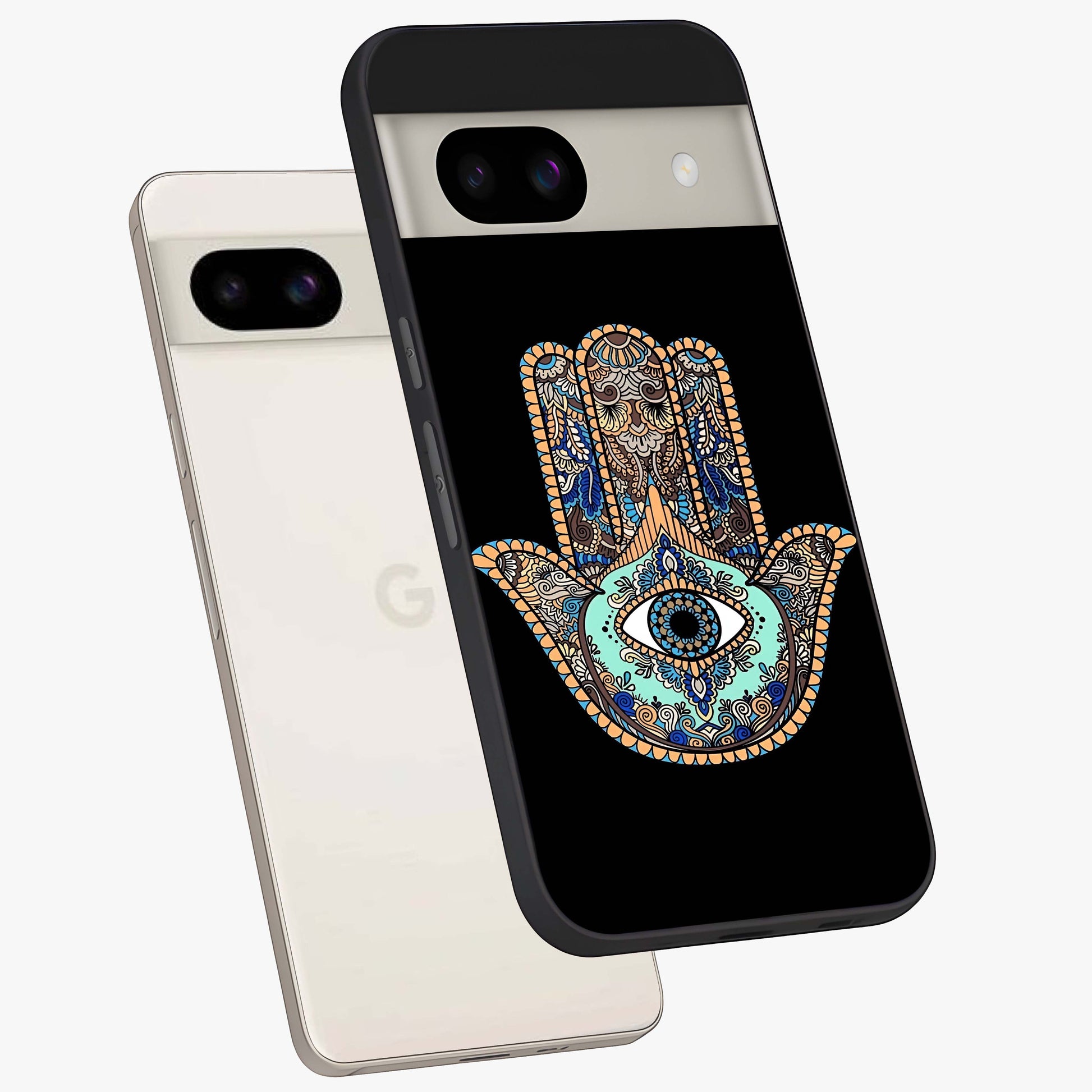 Mystic Hamsa Eye Glass Case displayed in angled mockup highlighting spiritual hamsa symbol with mystical aesthetic style.