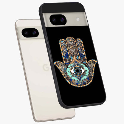 Mystic Hamsa Eye Glass Case displayed in angled mockup highlighting spiritual hamsa symbol with mystical aesthetic style.
