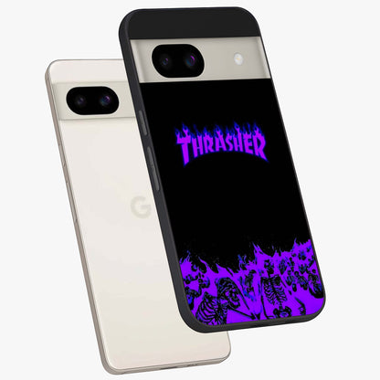 Neon Flame Riot Glass Case displayed in angled mockup highlighting glowing flame design with vibrant neon aesthetic.
