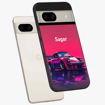 Neon Pink Porsche Glass Case displayed in angled mockup highlighting sleek neon pink car design with racing aesthetic.