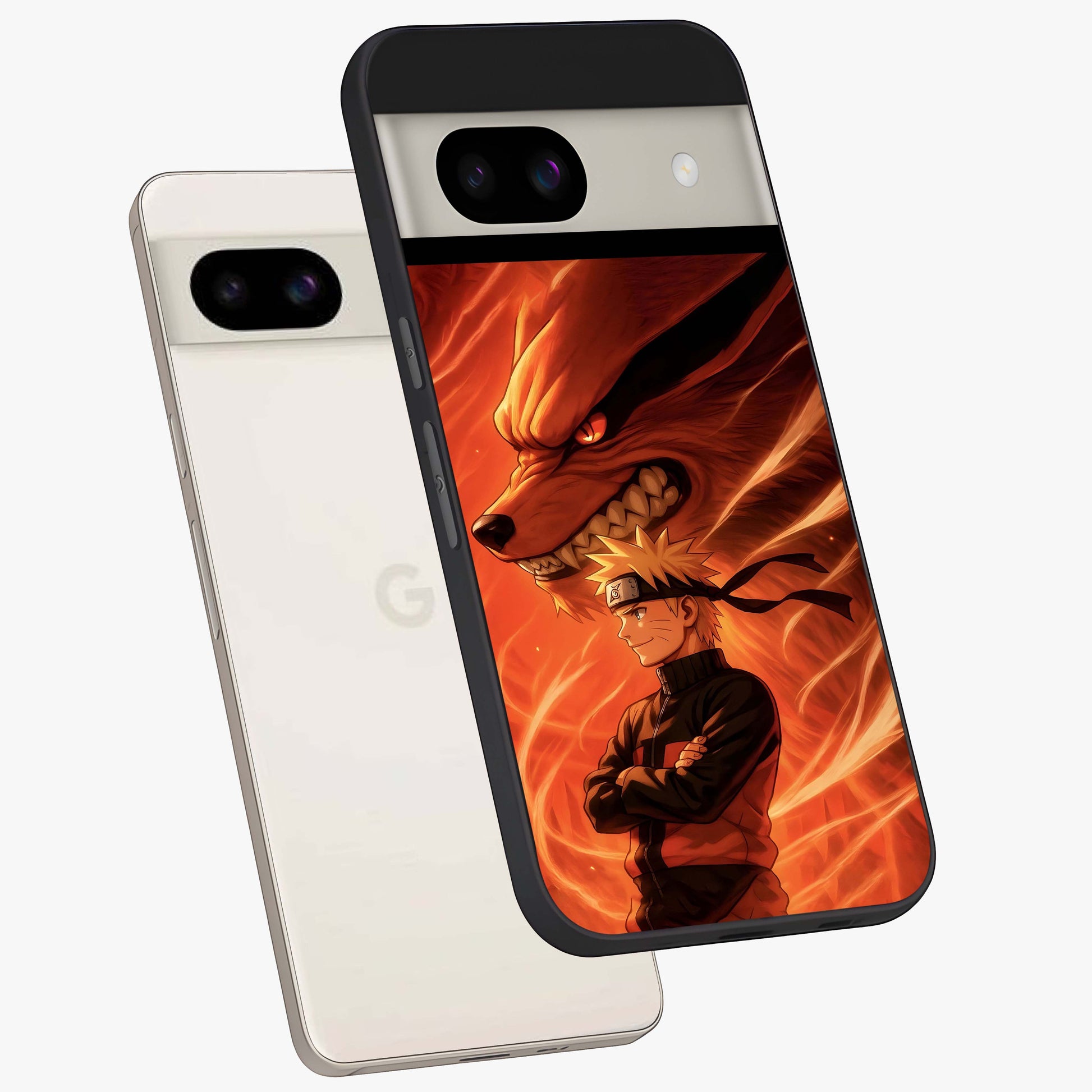 Nine Tails Legacy Glass Case displayed in angled mockup highlighting dynamic anime beast illustration with bold mystical aesthetic.