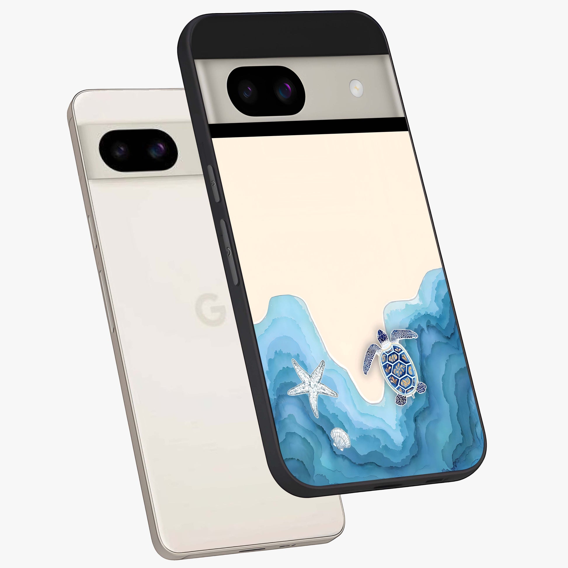Ocean Drift Turtle Glass Case displayed in angled mockup highlighting peaceful ocean turtle illustration with marine aesthetic.