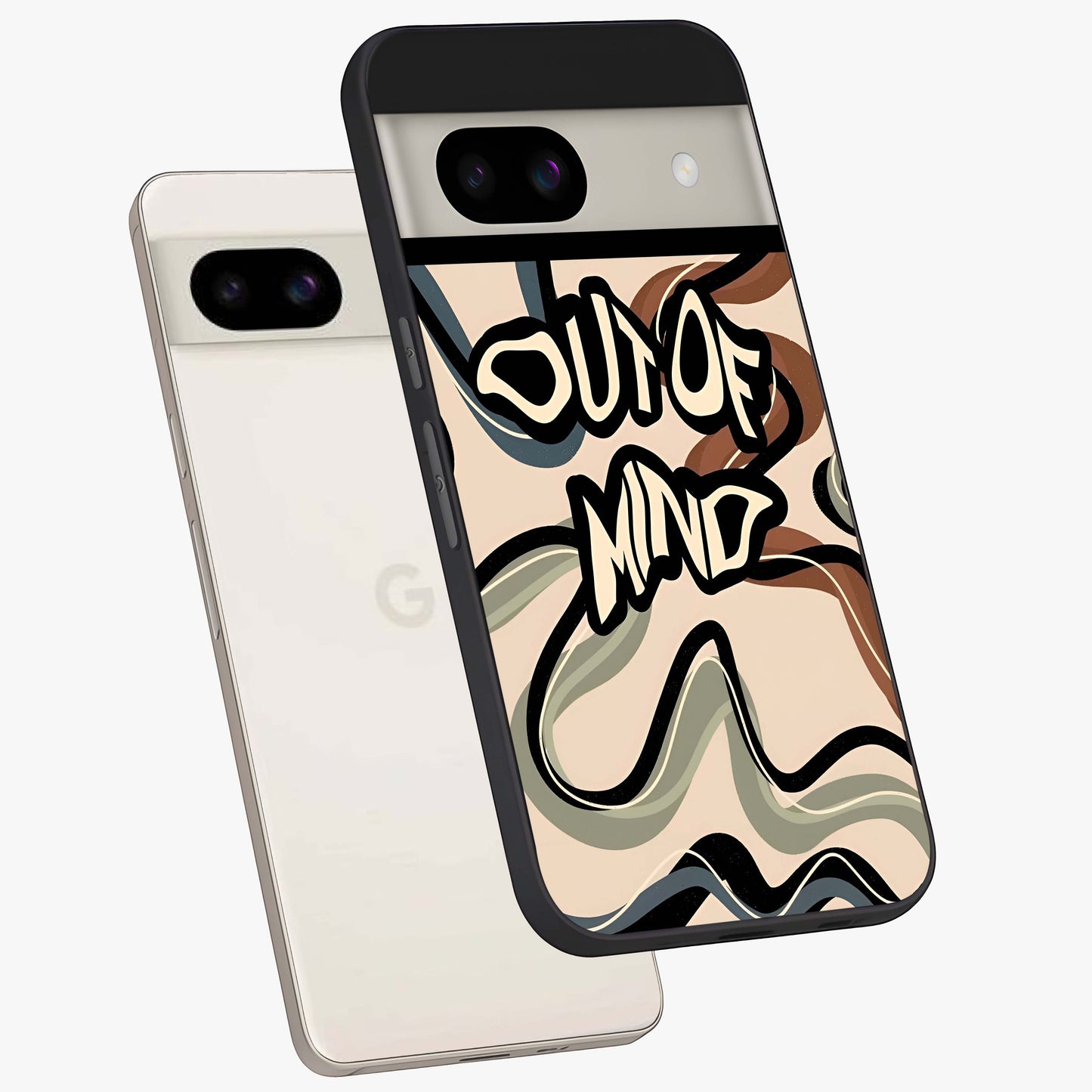 Out Of Mind Glass Case displayed in angled mockup highlighting bold statement design with modern artistic aesthetic.