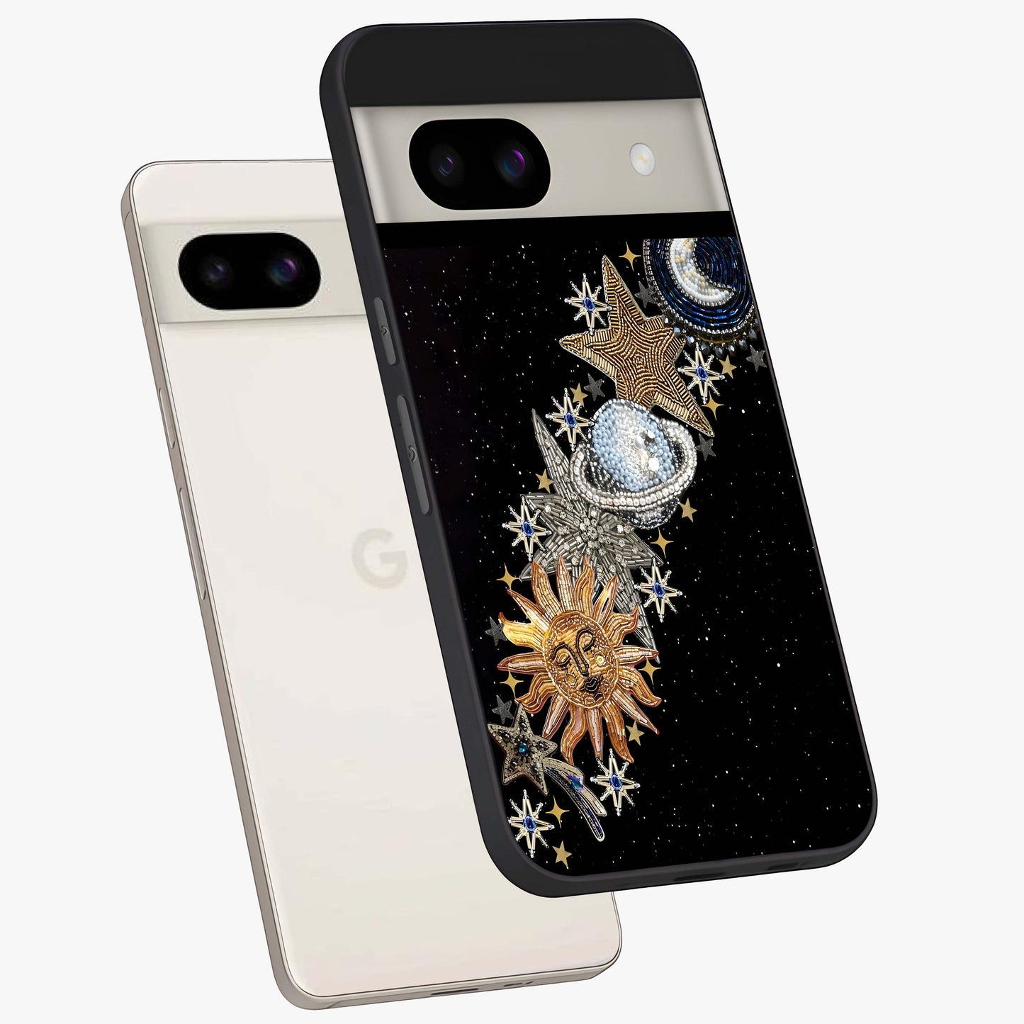Pearls Universe Object Glass Case displayed in angled mockup highlighting celestial pearl design with dreamy aesthetic.