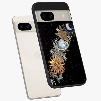 Pearls Universe Object Glass Case displayed in angled mockup highlighting celestial pearl design with dreamy aesthetic.