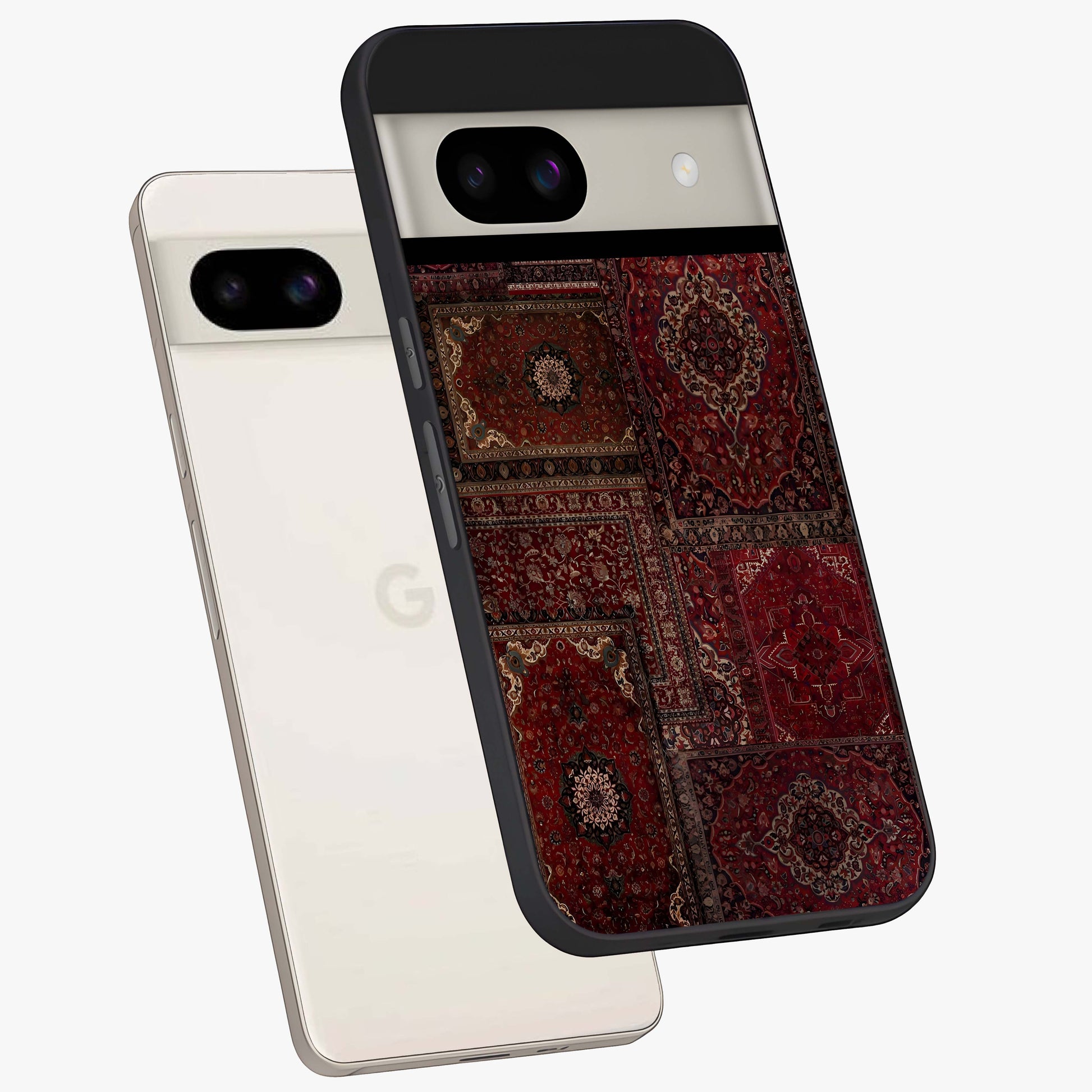 Persian Velvet Tale Glass Case displayed in angled mockup highlighting ornate textile inspired design with royal aesthetic.