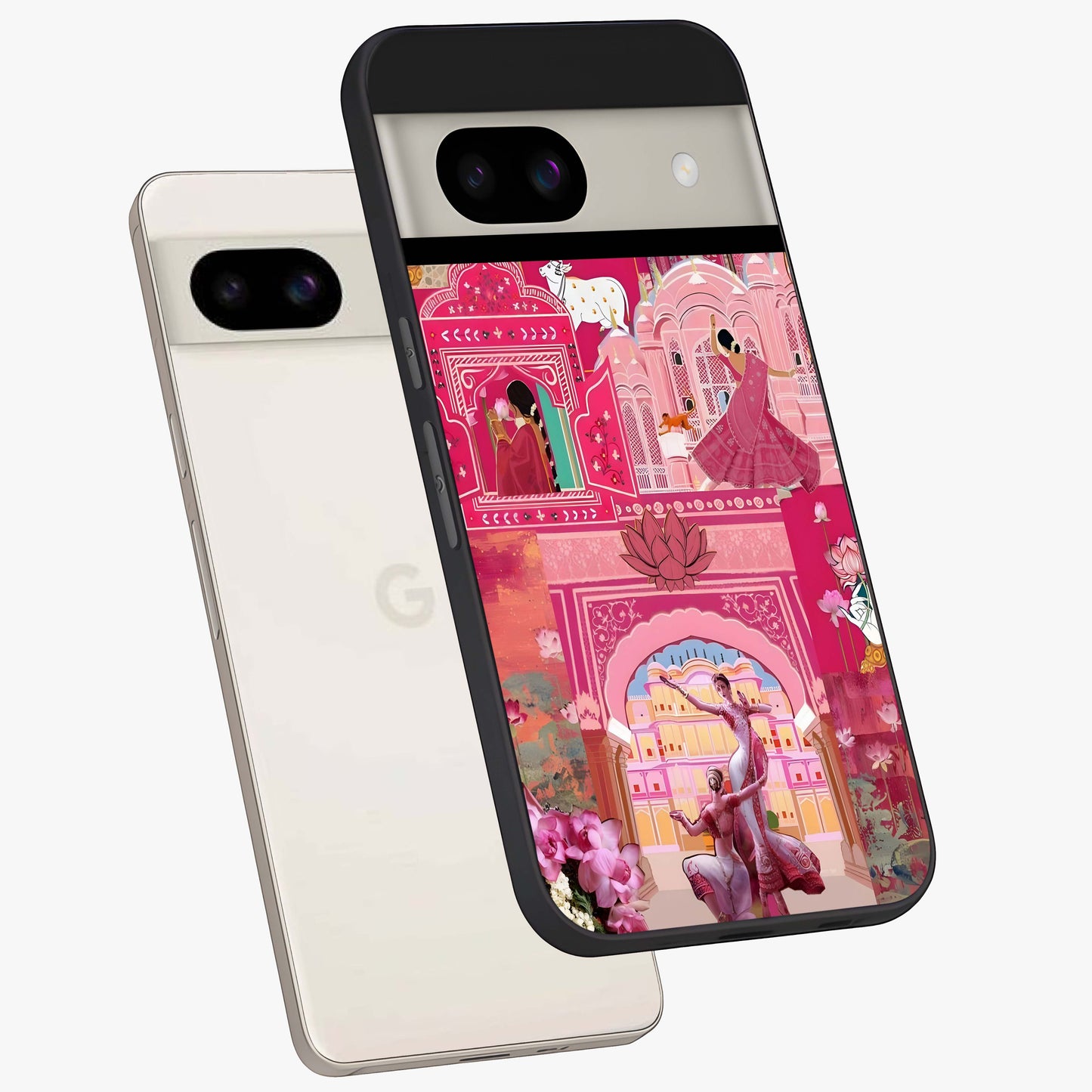 Pink Palace Muse Glass Case displayed in angled mockup highlighting dreamy palace illustration with soft pink aesthetic.