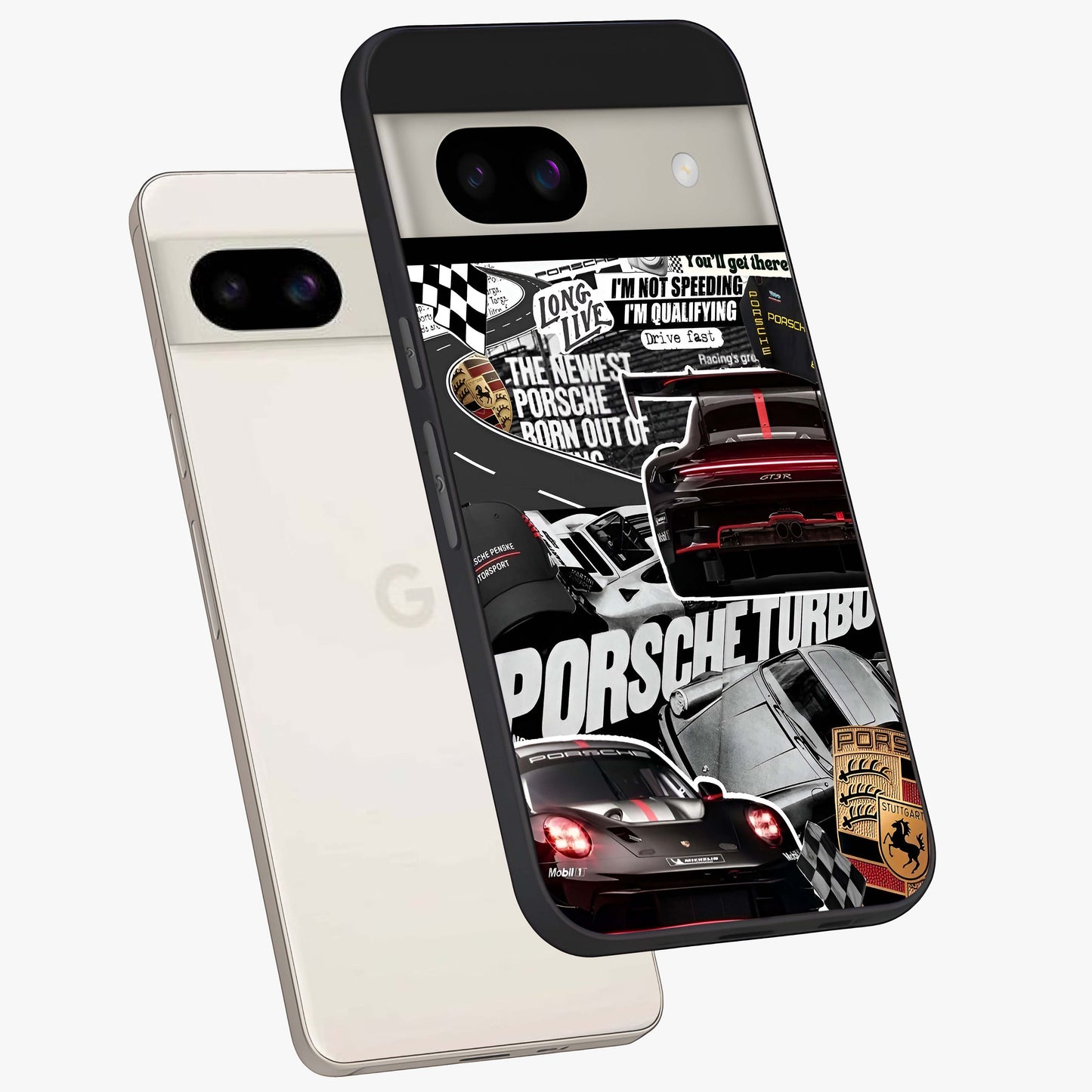 Porsche Racing Collage Glass Case displayed in angled mockup highlighting dynamic automotive design with bold racing aesthetic.