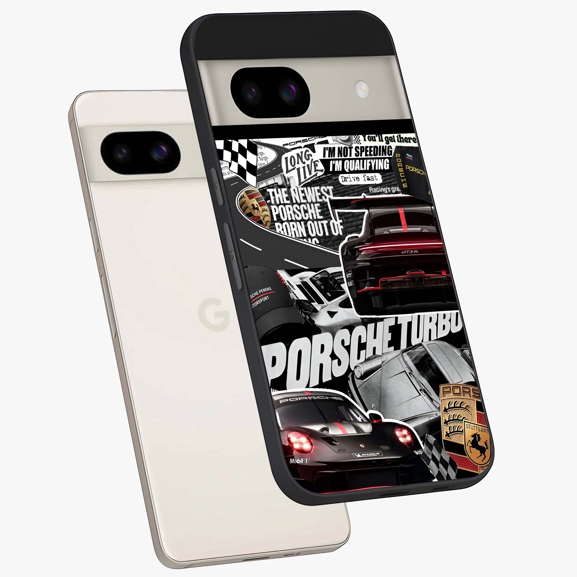 Porsche Racing Collage Glass Case displayed in angled mockup highlighting dynamic automotive design with bold racing aesthetic.