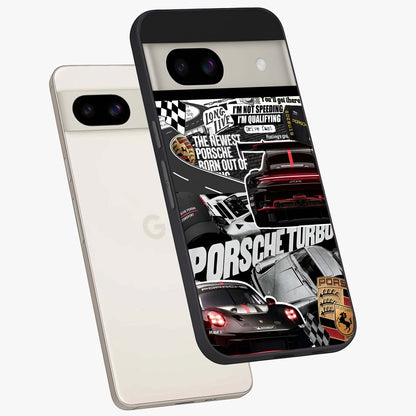 Porsche Racing Collage Glass Case displayed in angled mockup highlighting dynamic automotive design with bold racing aesthetic.