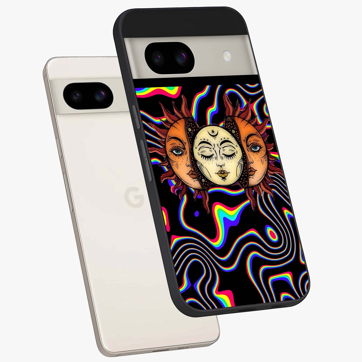 Psychedelic Sun Glass Case displayed in angled mockup highlighting vibrant abstract sun design with artistic aesthetic style.