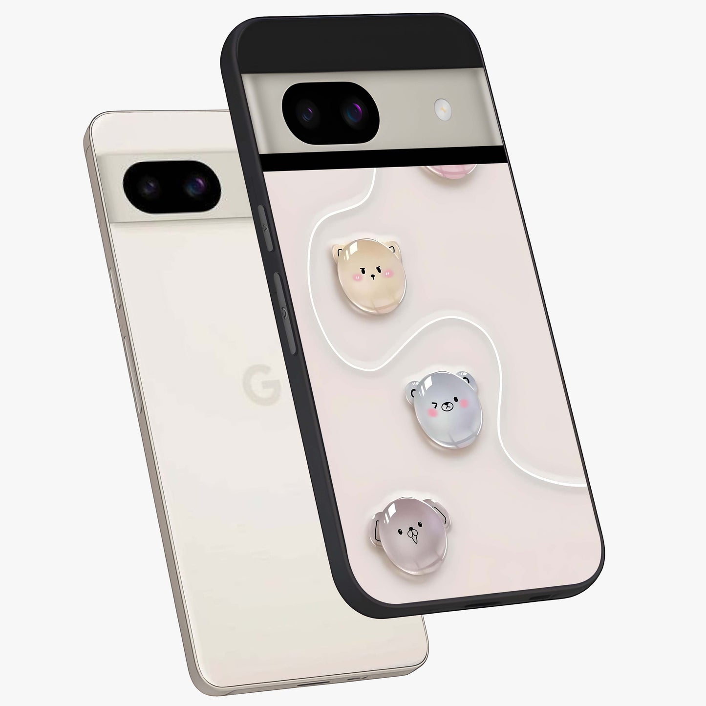 Puffy Face Parade Glass Case displayed in angled mockup highlighting playful cartoon face design with fun aesthetic.