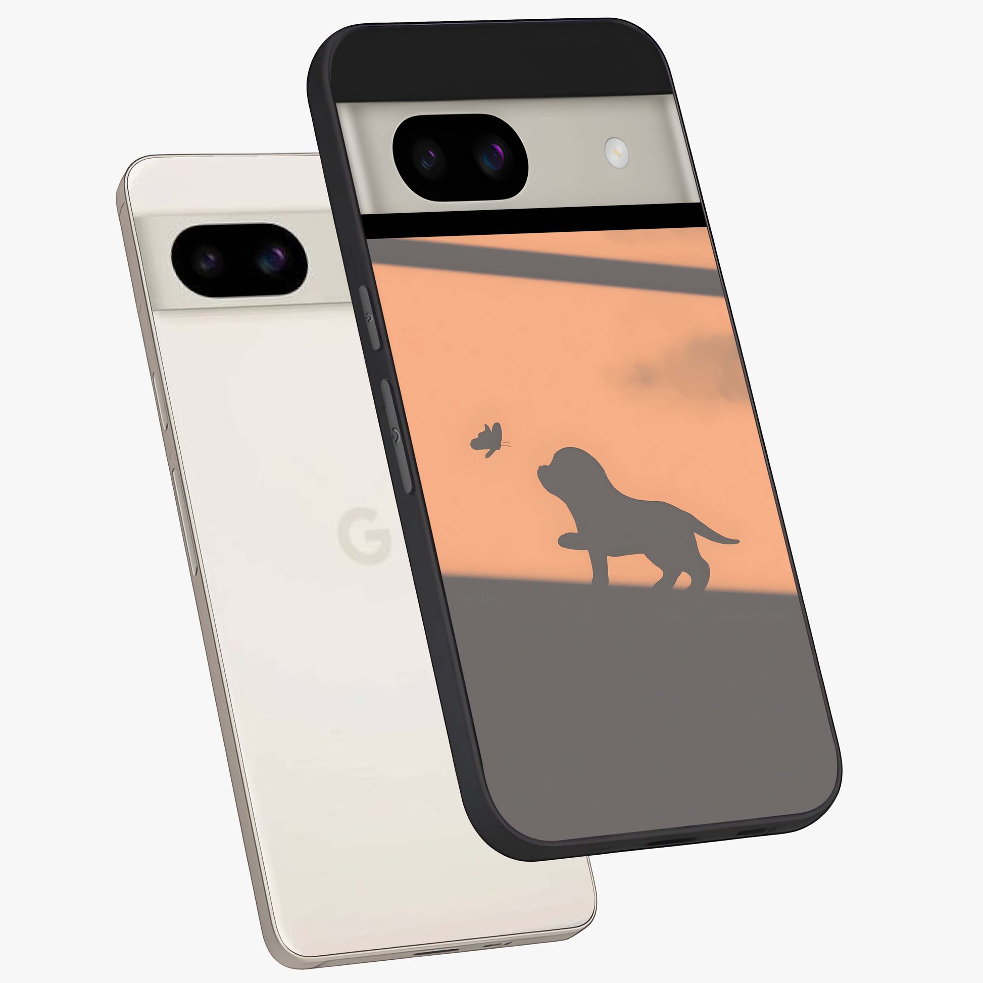 Puppy Shadow Art Glass Case displayed in angled mockup highlighting playful dog illustration with artistic shadow aesthetic.