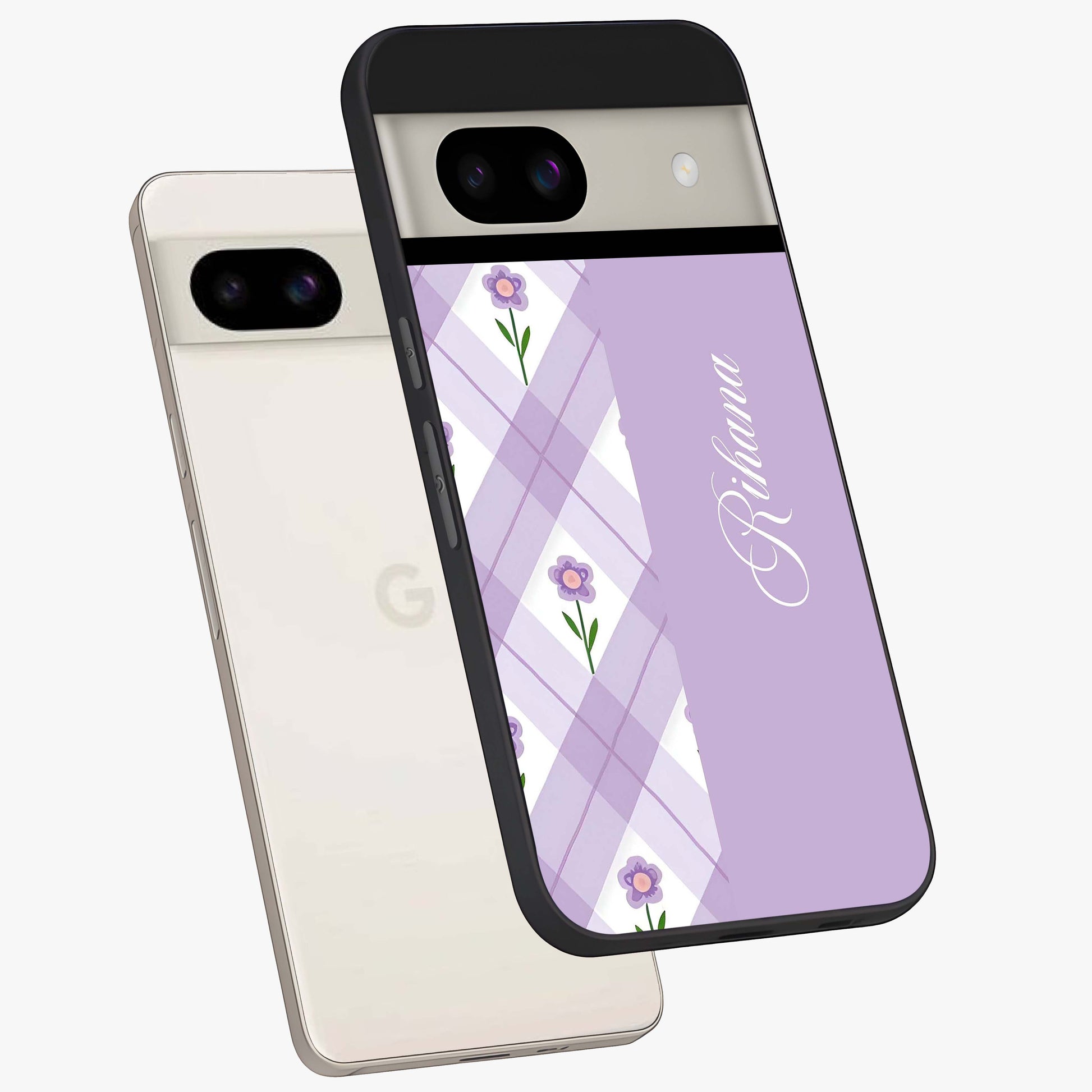 Purple Diamond Floral Glass Case displayed in angled mockup highlighting elegant purple flower design with decorative pattern.