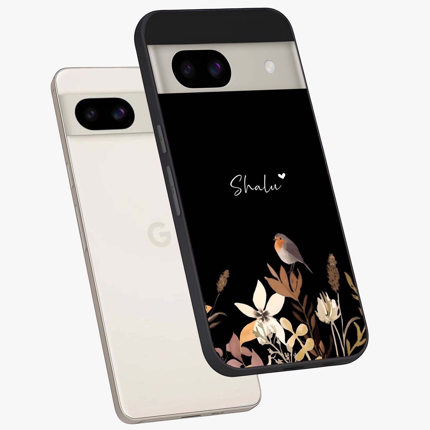 Quiet Garden Tune Custom Name Glass Case displayed in angled mockup highlighting delicate floral garden design with custom name feature.