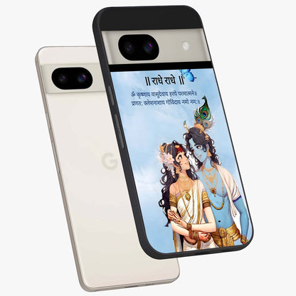 Radha Krishna Eternal Glass Case displayed in angled mockup highlighting divine Radha Krishna illustration with spiritual aesthetic.