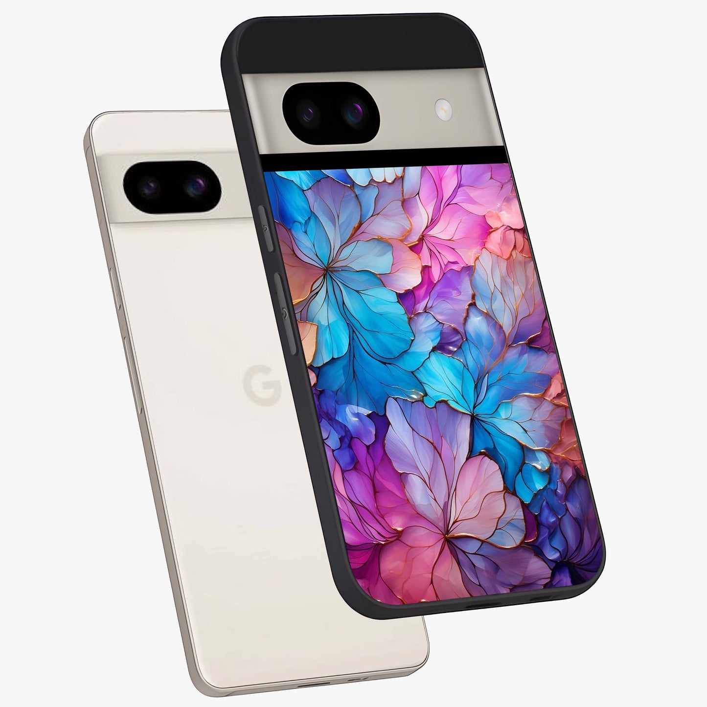 Radiant Floral Whirl Glass Case displayed in angled mockup highlighting vibrant flower pattern with dynamic artistic aesthetic.