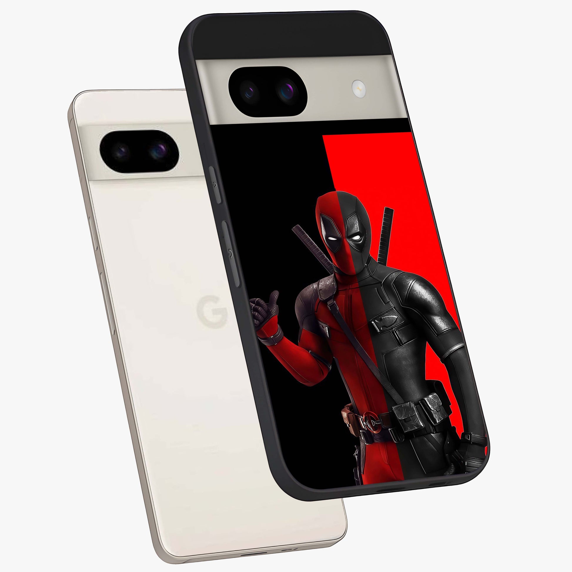 Red & Black Deadpool Theme Glass Case displayed in angled mockup highlighting vibrant superhero style illustration with action aesthetic.