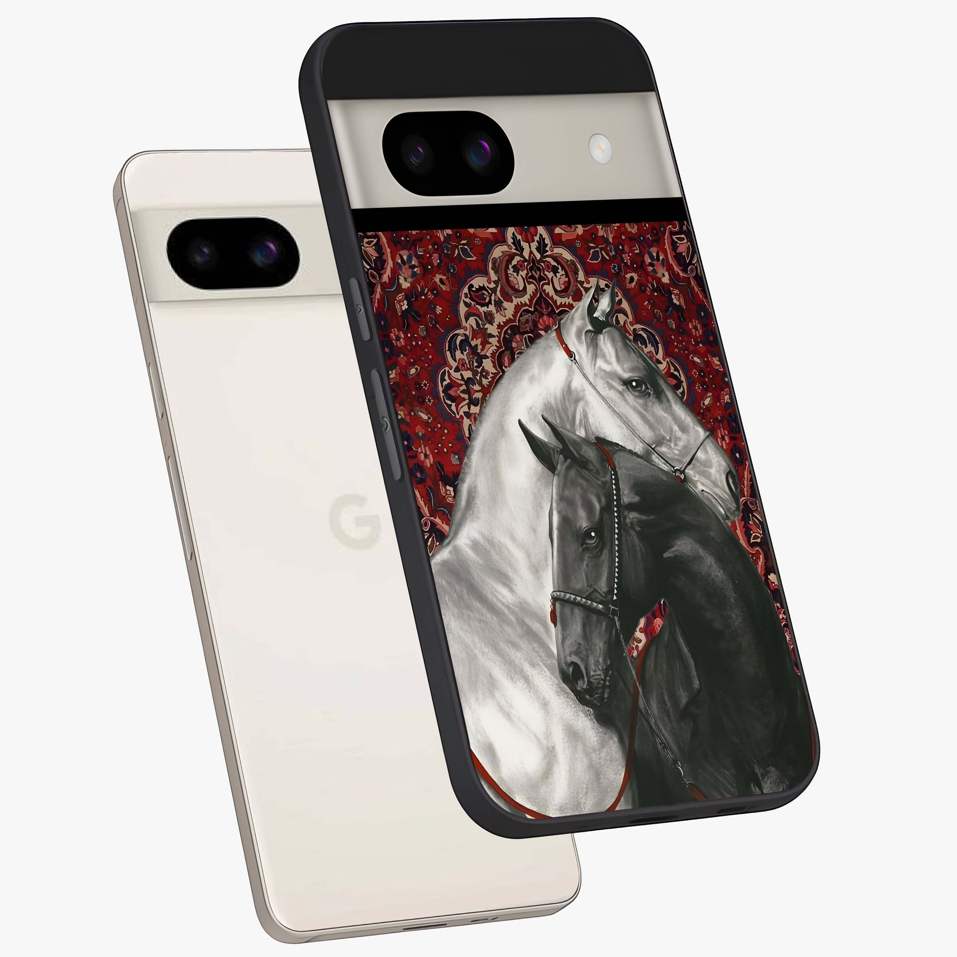 Regal Stallion Tapestry Glass Case displayed in angled mockup highlighting royal stallion design with decorative heritage aesthetic.