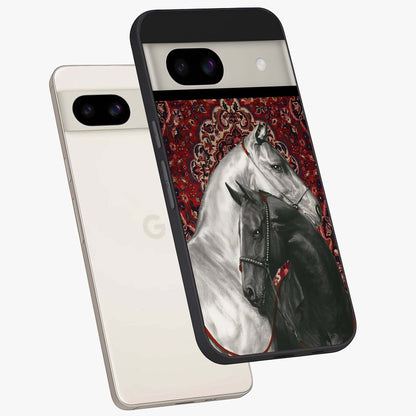 Regal Stallion Tapestry Glass Case displayed in angled mockup highlighting royal stallion design with decorative heritage aesthetic.