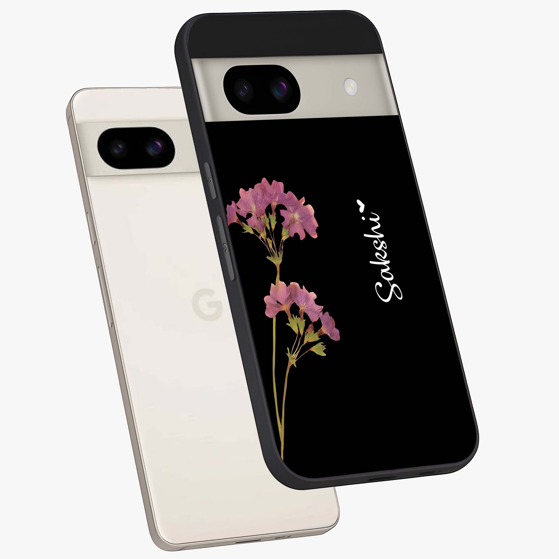 Riching Lavender Flower Custom Name Glass Case displayed in angled mockup highlighting delicate lavender flower design with custom name feature.