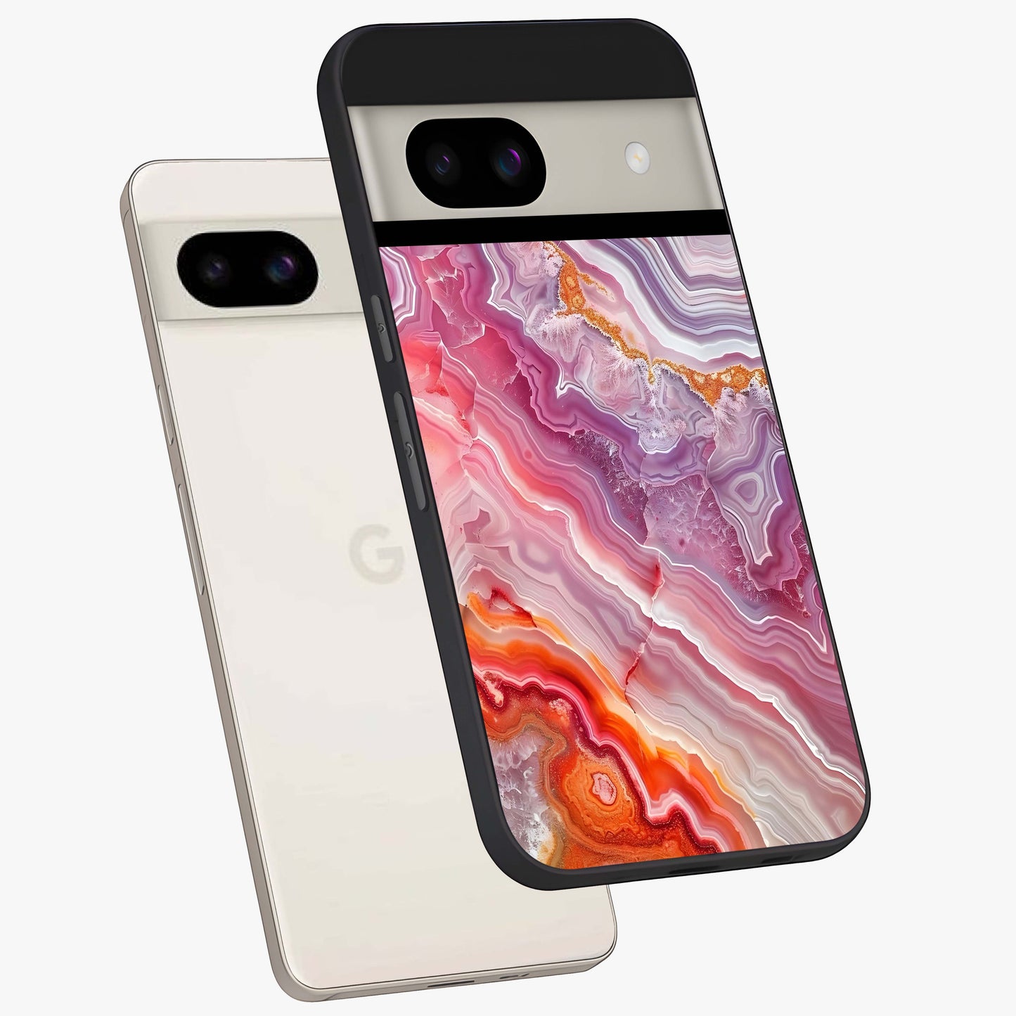 Rose Quartz Marble Glass Case displayed in angled mockup highlighting elegant marble pattern with soft aesthetic style.