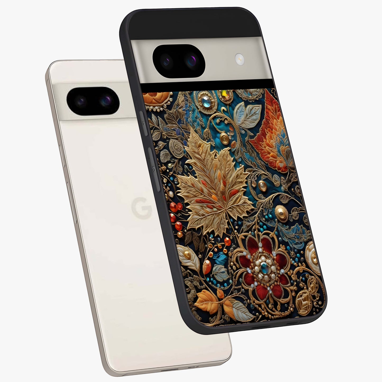 Royal Jewel Garden Glass Case displayed in angled mockup highlighting vibrant jewel inspired floral design with elegant aesthetic.