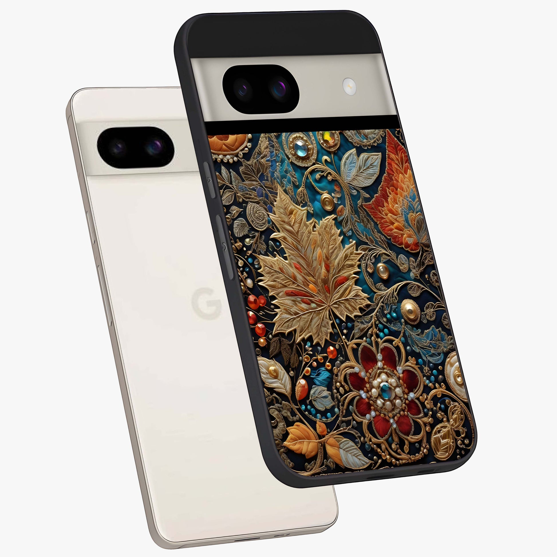 Royal Jewel Garden Glass Case displayed in angled mockup highlighting vibrant jewel inspired floral design with elegant aesthetic.