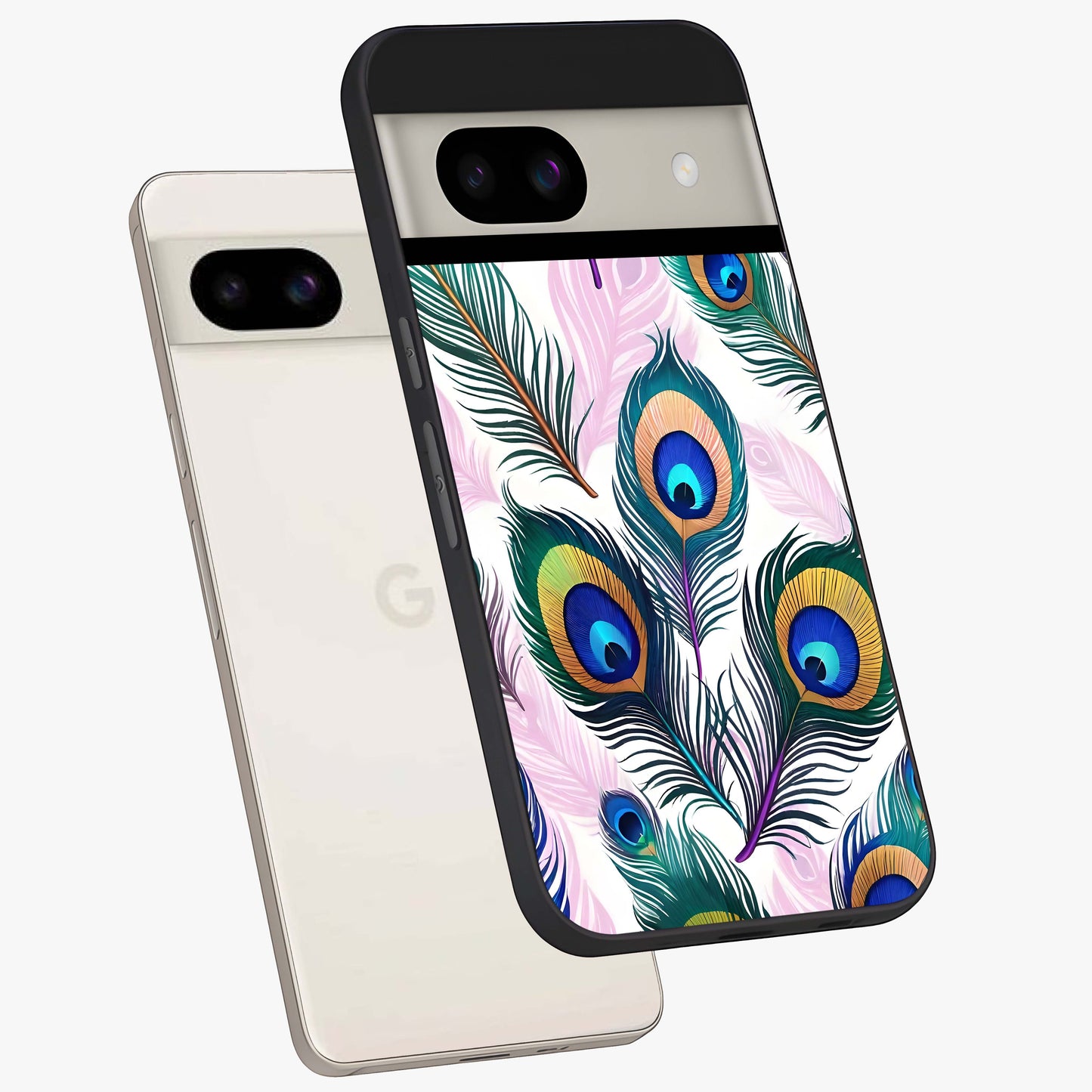 Royal Peacock Feathers Glass Case displayed in angled mockup highlighting vibrant feather pattern with regal aesthetic style.